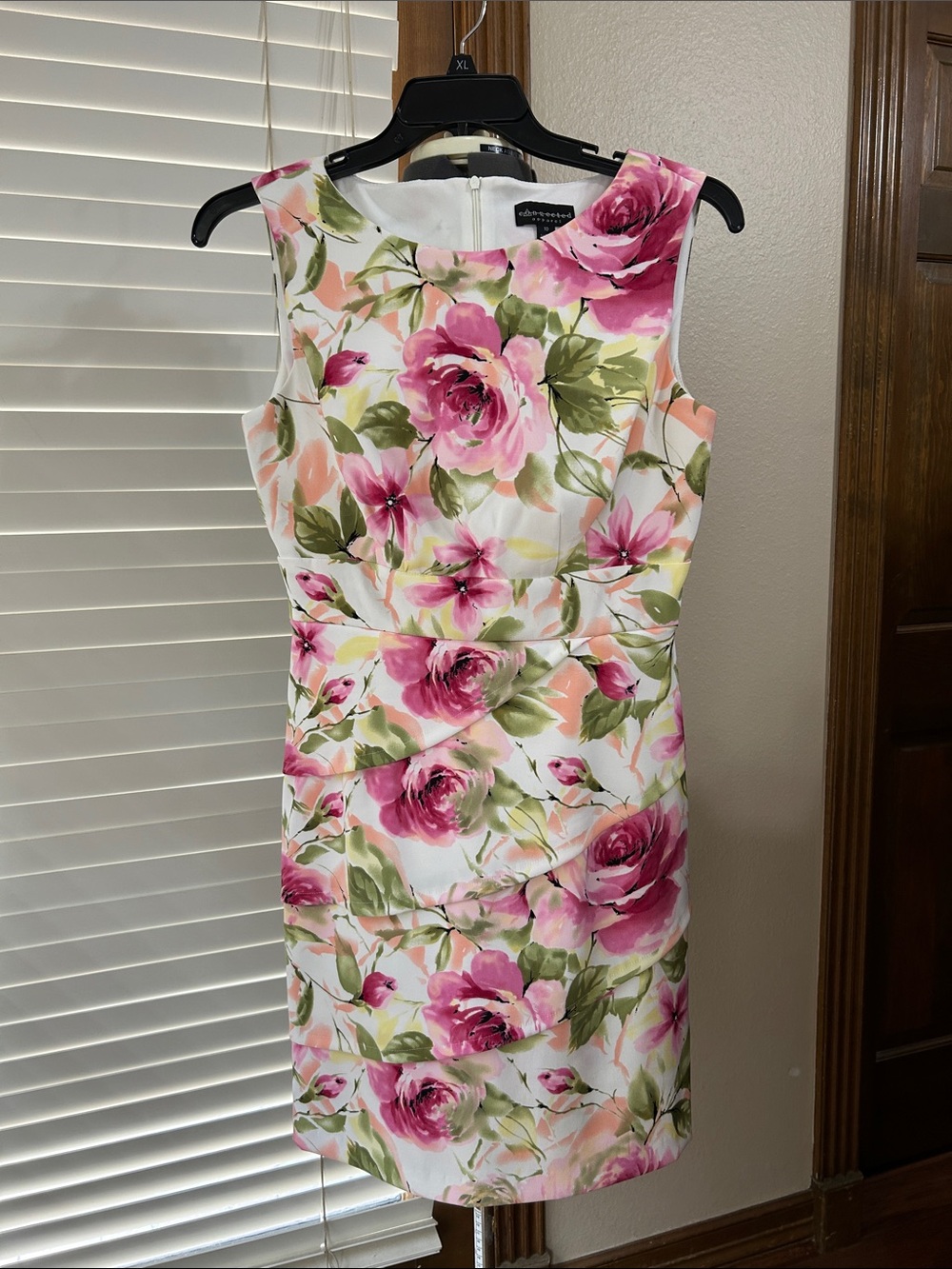 Connected Apparel Sleeveless Sheath Dress Pink & Green slant tiered drape Sz 10